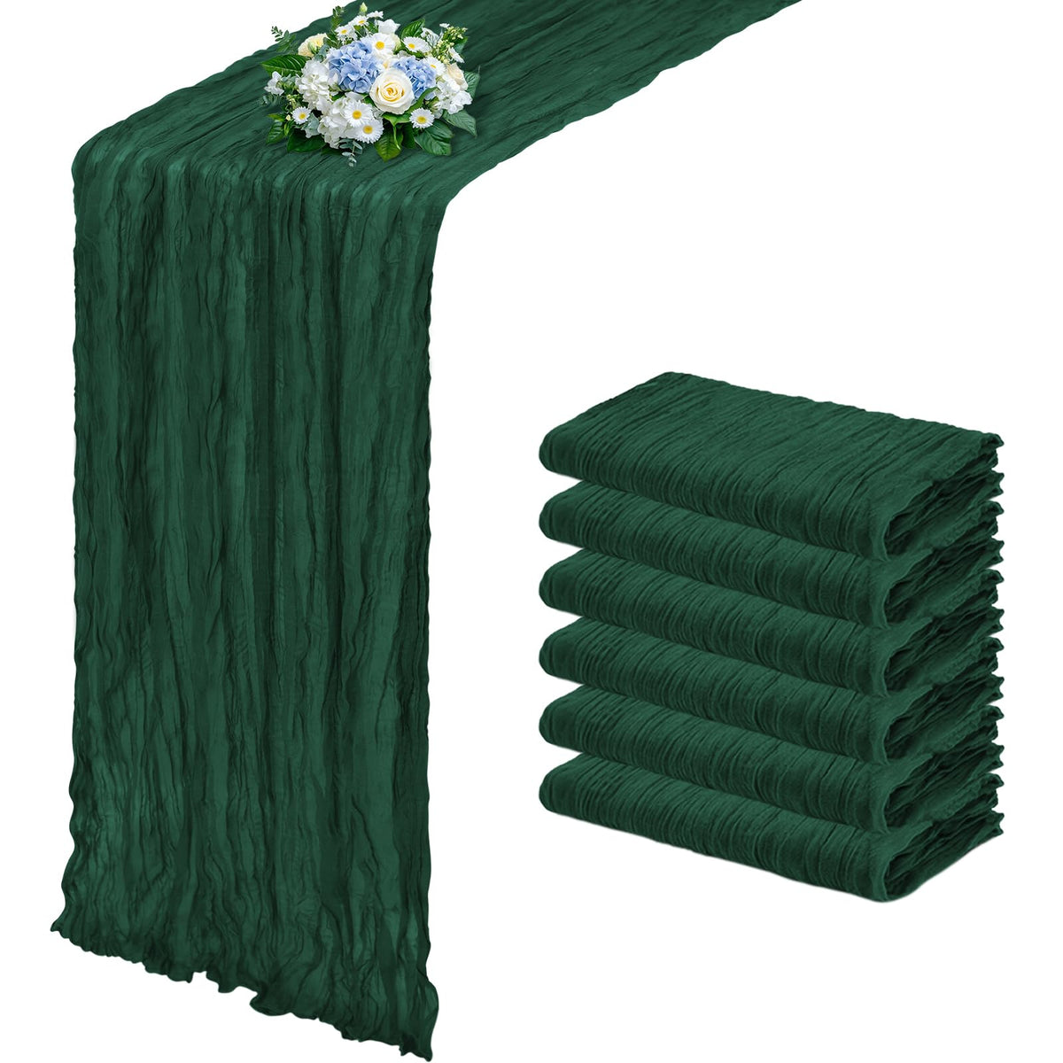 RealBox emerald green cheesecloth table runner with pleated texture decor.