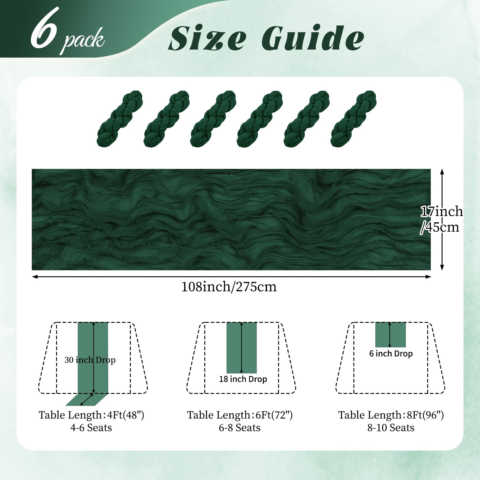Six-pack emerald green gauze runners for weddings and parties.