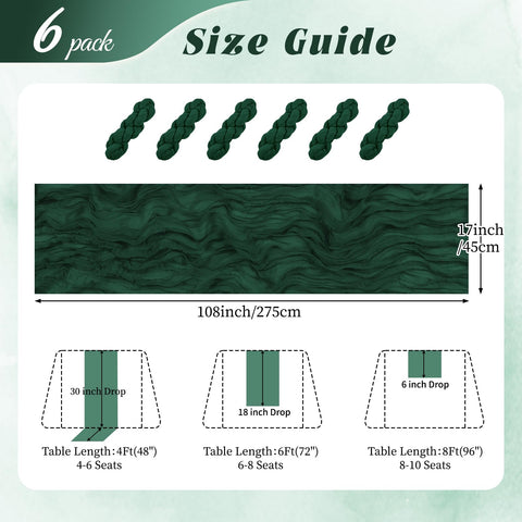 Six-pack emerald green gauze runners for weddings and parties.
