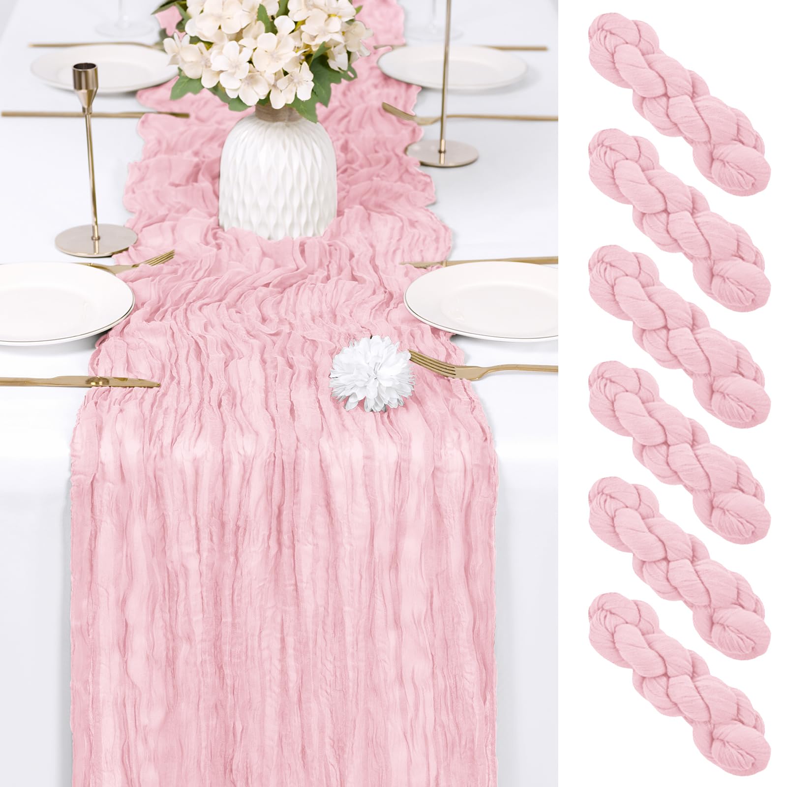 RealBox six-pack light pink cheesecloth table runner drapes elegantly for weddings