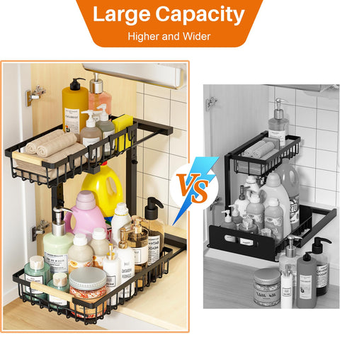 REALINN under-sink organizer bottom drawer provides tall bottle storage and easy reach