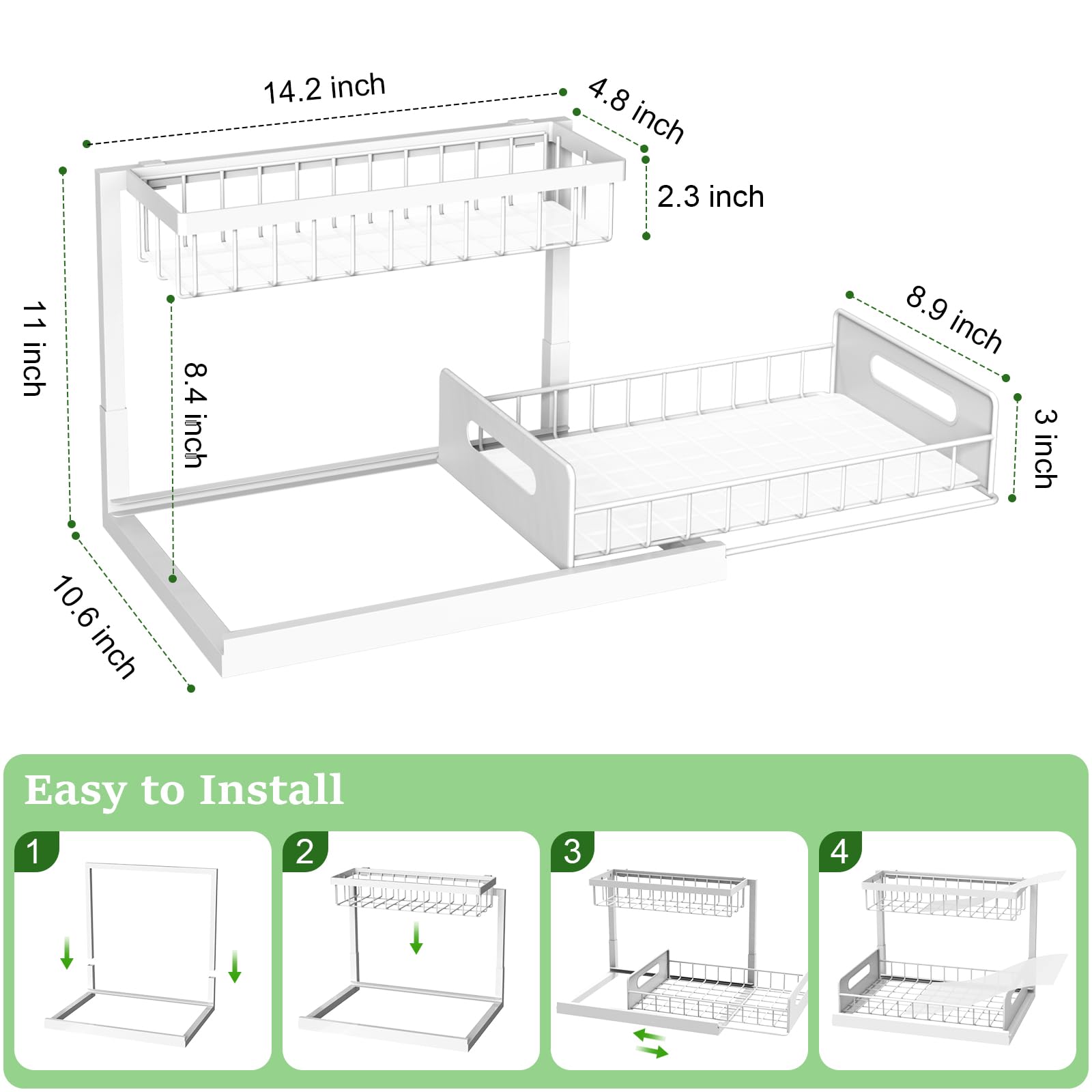 Realinn under sink organizer two-tier shelf side view showing compact profile