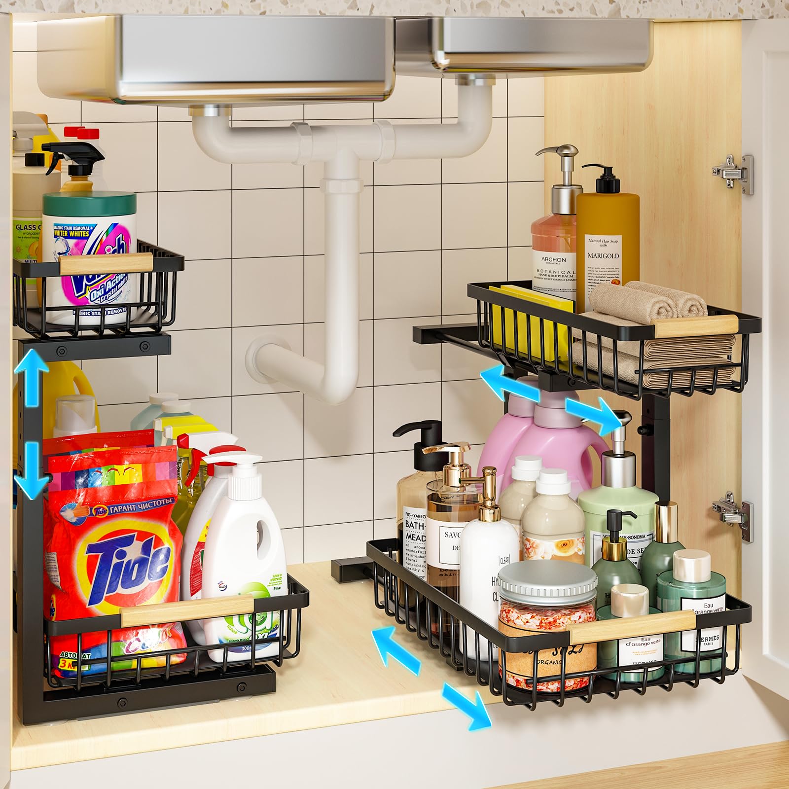 REALINN under-sink organizer rails shown for smooth sliding and easy access