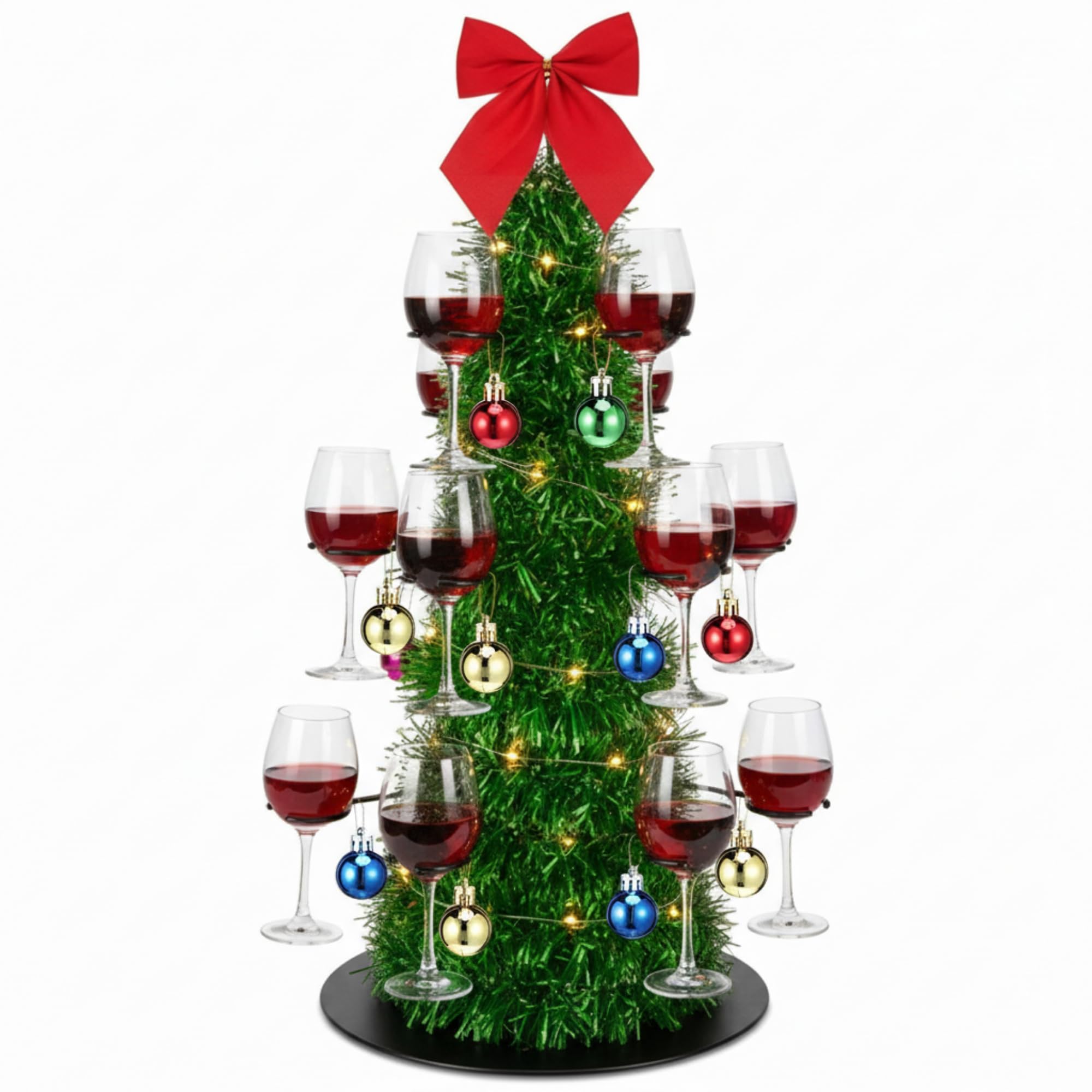 Reallnaive Christmas cocktail tree stand displaying 12 glasses for festive serving.