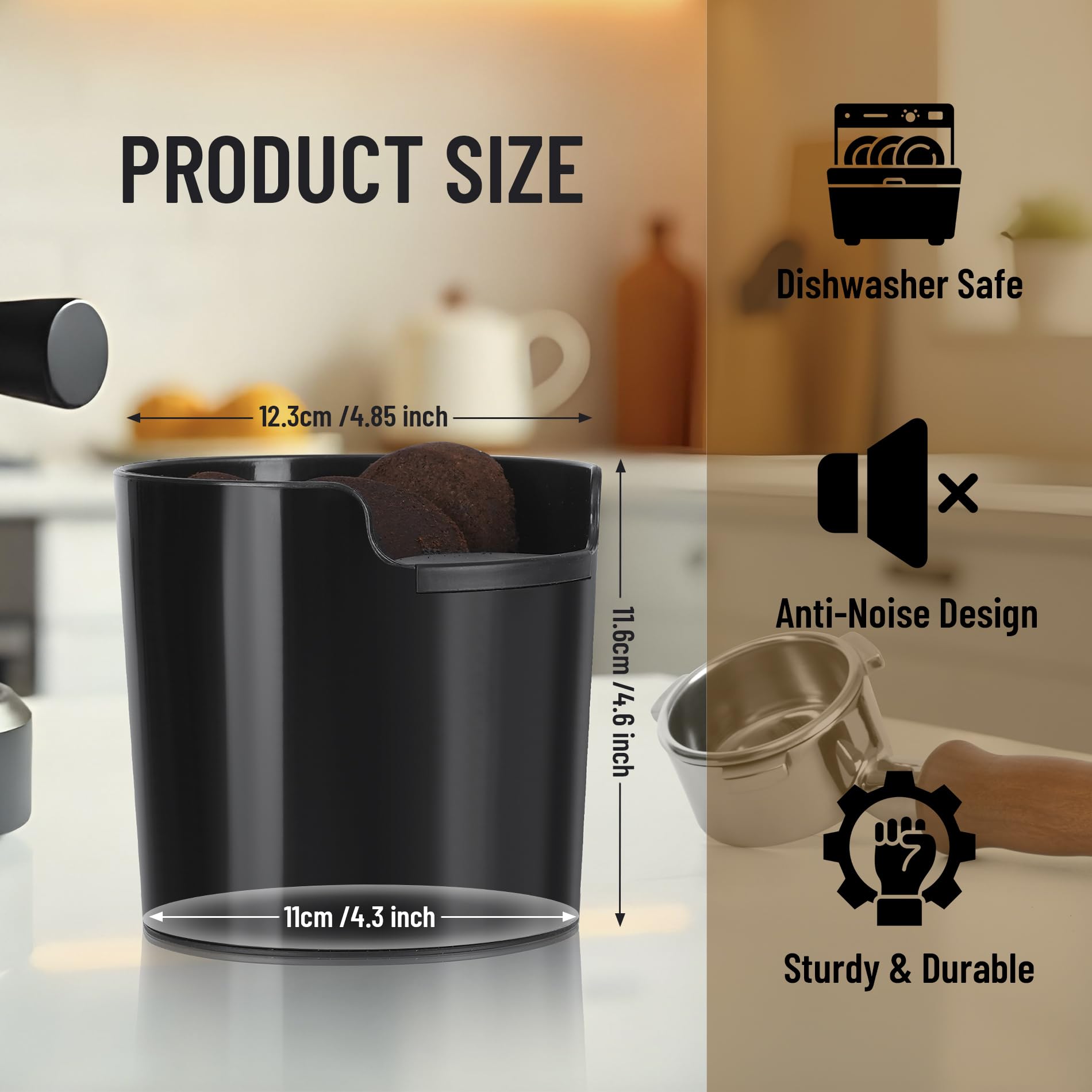 RECAPS Coffee Knock Box capacity view highlights 10-15 cup grounds capacity.