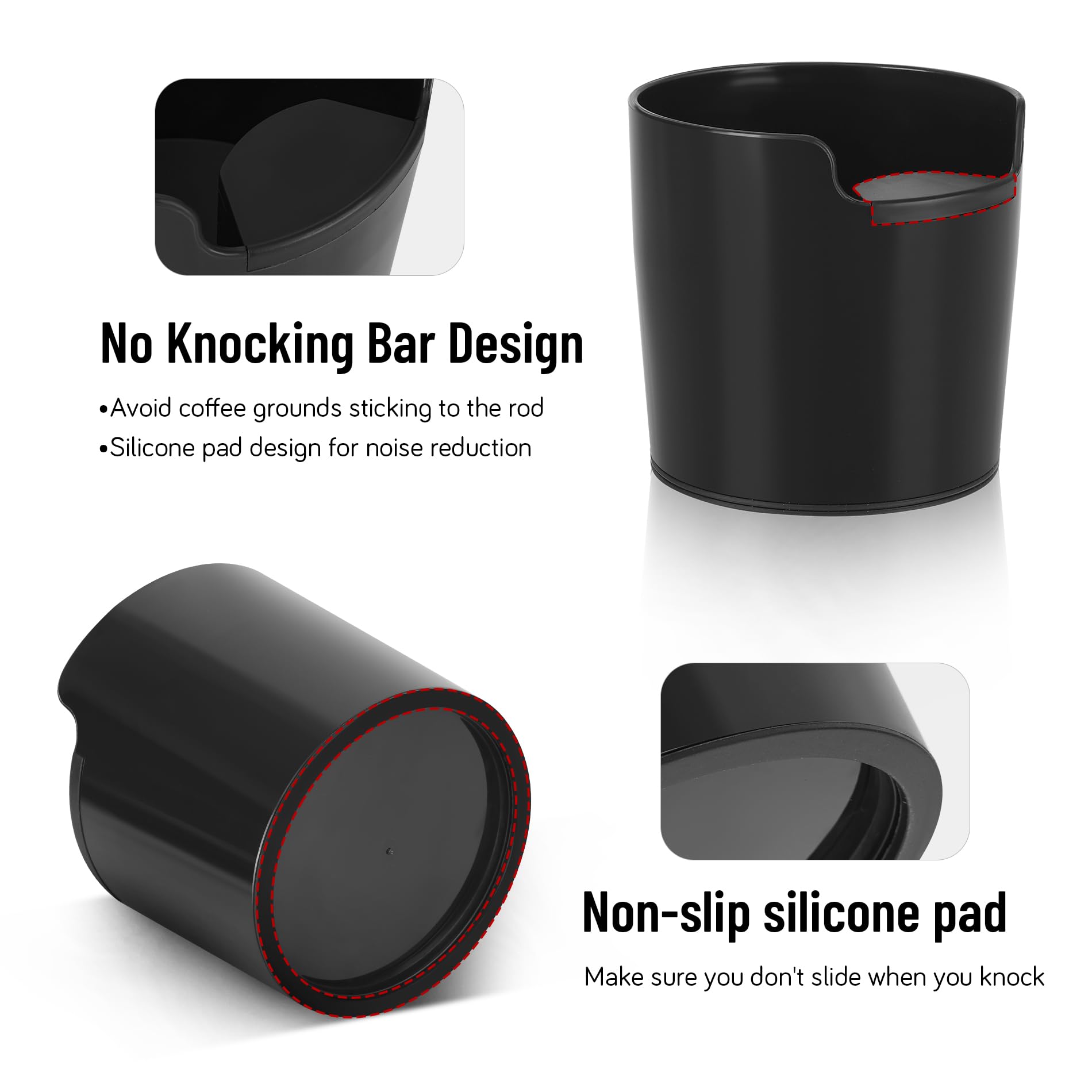 RECAPS Knock bar area shows rubberized zone for quieter knocks and protected portafilter.