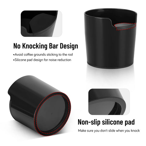 RECAPS Knock bar area shows rubberized zone for quieter knocks and protected portafilter.