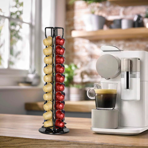Elegant black finish enhances your coffee station while showcasing colorful pods.