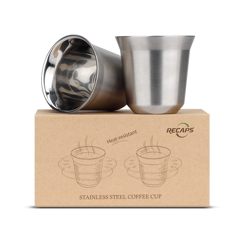 RECAPS 80ml espresso cups front view; double-wall keeps beverage warm while hands stay cool.