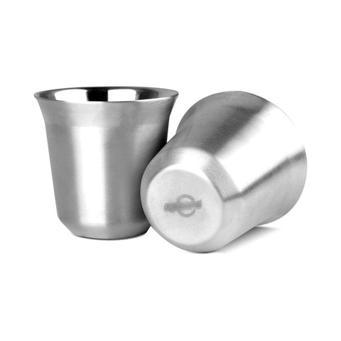 RECAPS stainless-steel demitasse cups holding coffee; warm inside, cool exterior.
