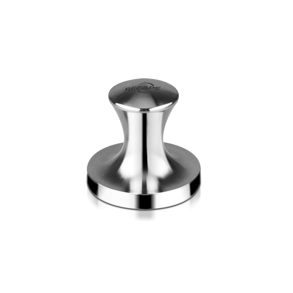 RECAPS stainless steel espresso tamper front view for durable, even tamping.
