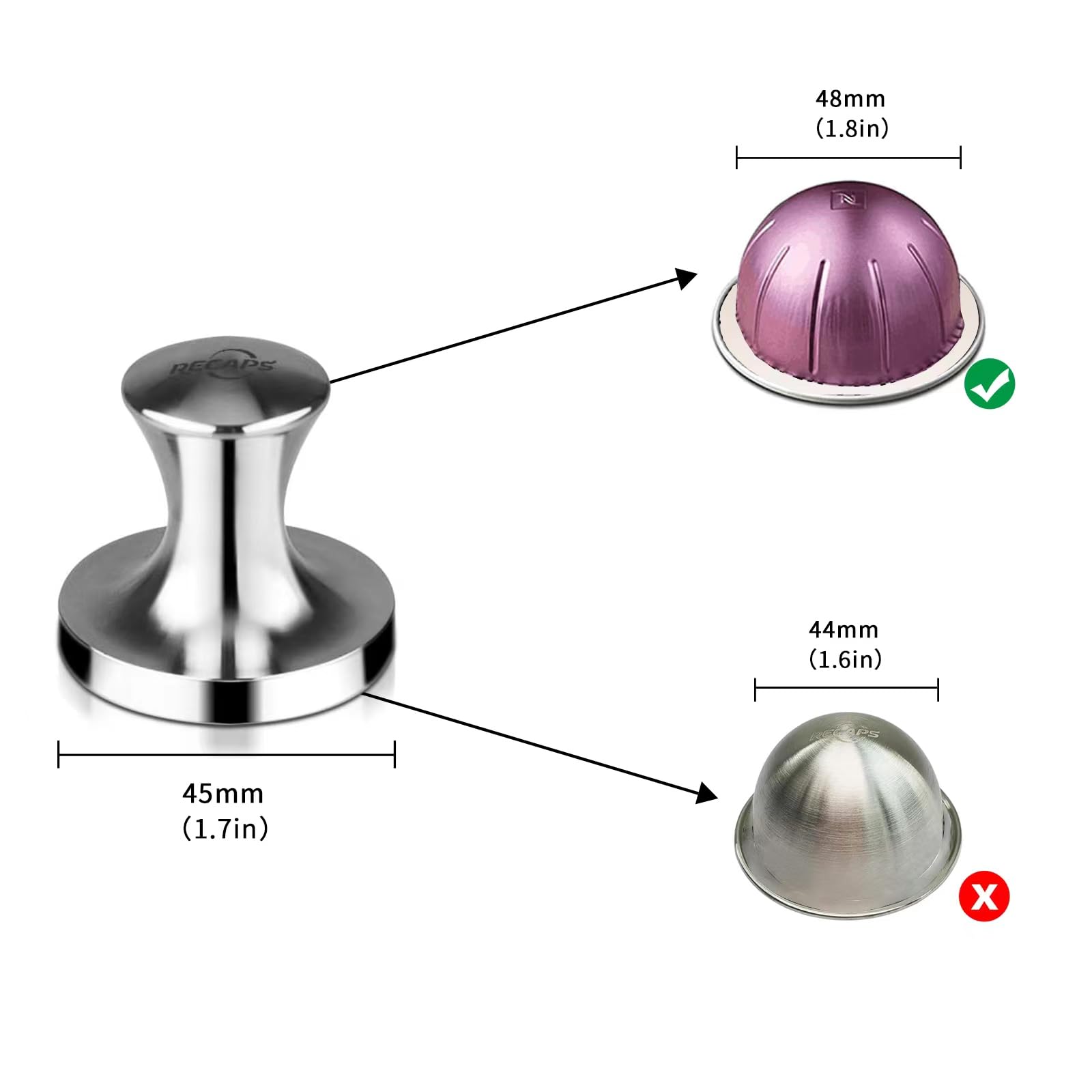 RECAPS tamper close-up handle highlights comfortable grip for consistent pressure.