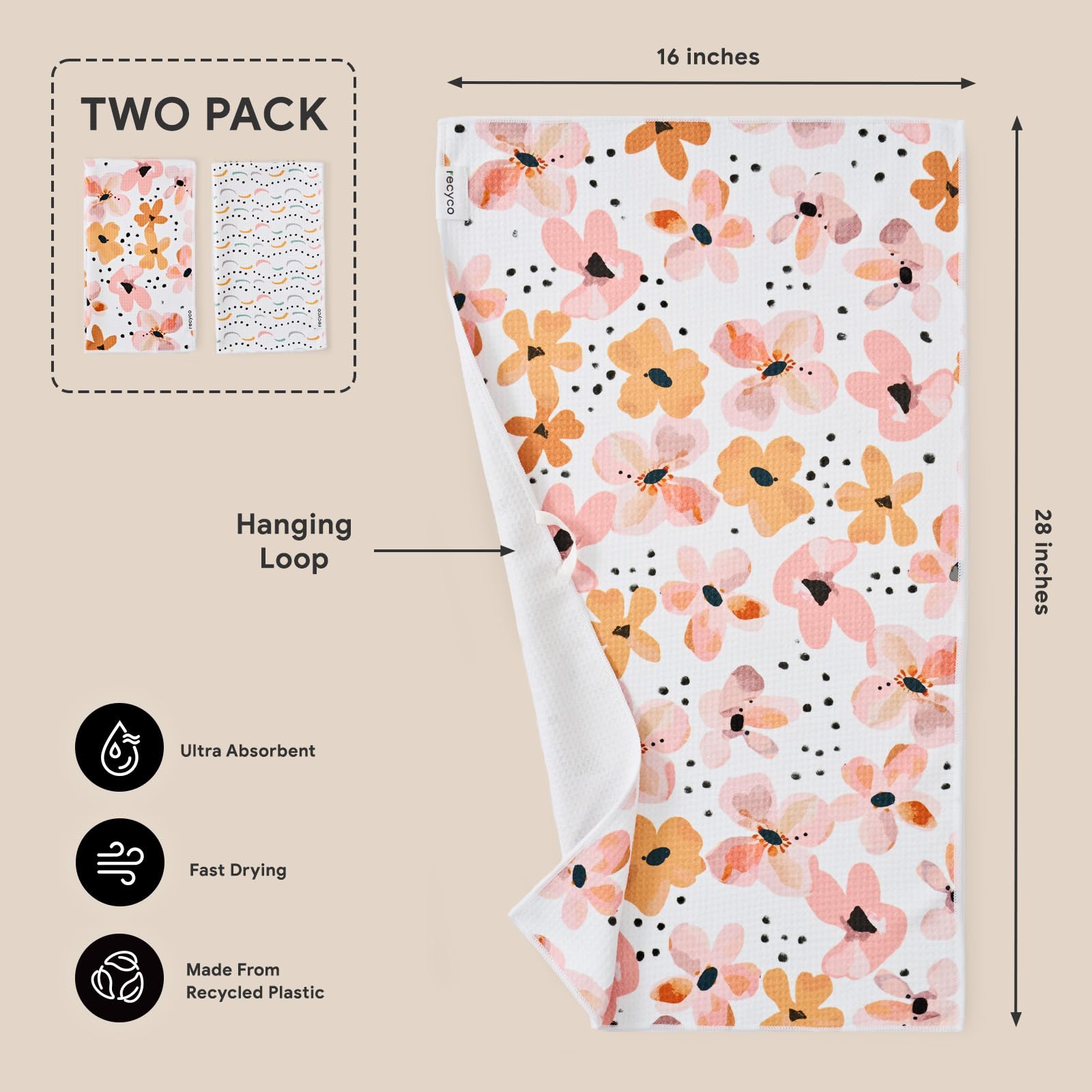 RECYCO blossom breeze pattern kitchen towels add style and practicality.
