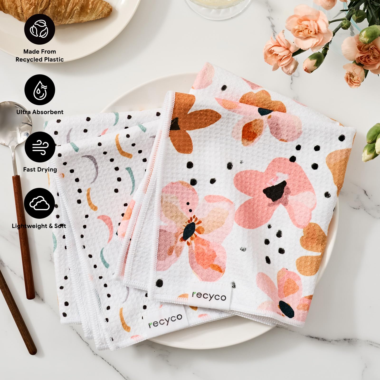 RECYCO microfiber kitchen towels ultra-absorbent performance for everyday spills.