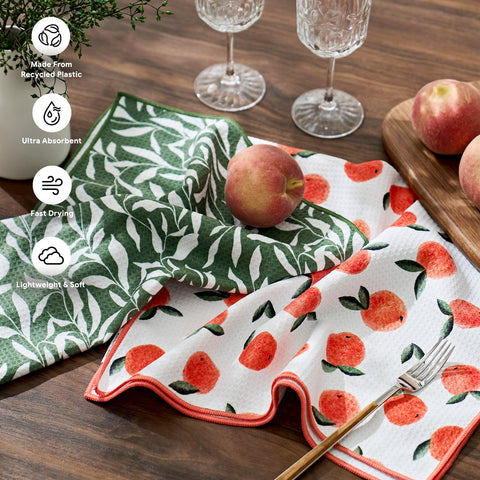 RECYCO waffle kitchen towel close-up shows absorbent microfiber for spills.