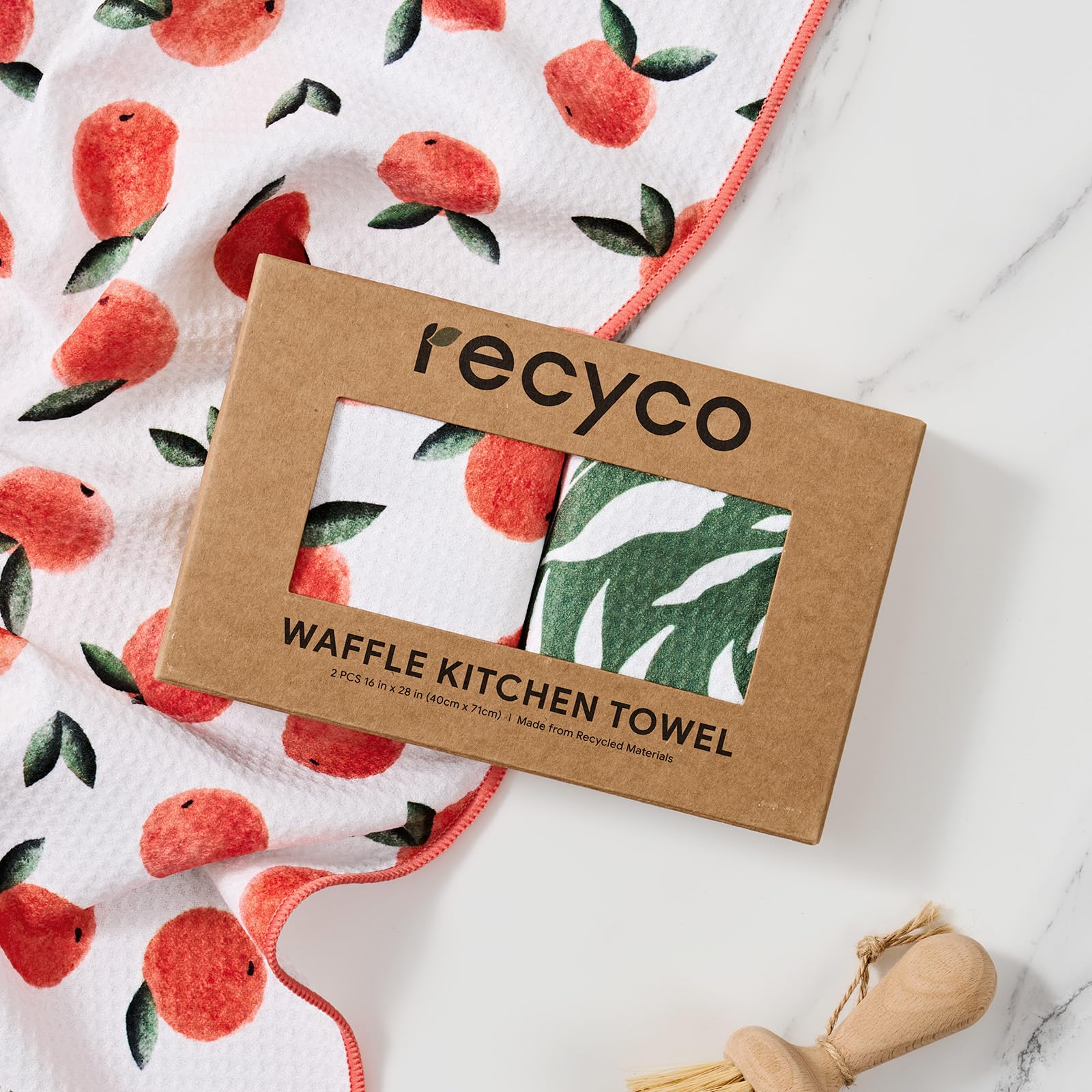 RECYCO waffle kitchen towel dish-drying in action on counter.