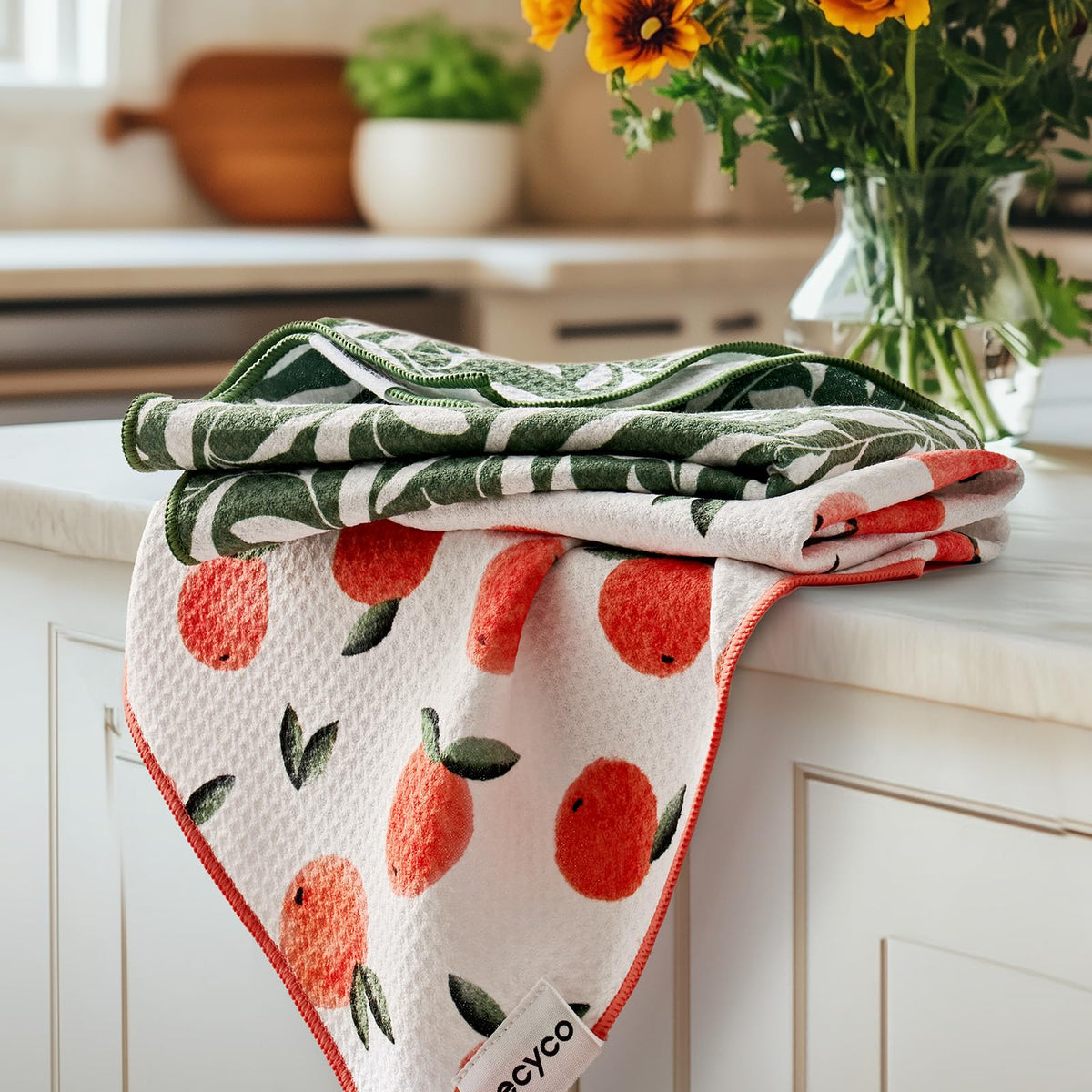 RECYCO waffle kitchen towel Peachy Leaves pattern for stylish, quick-clean upgrades.