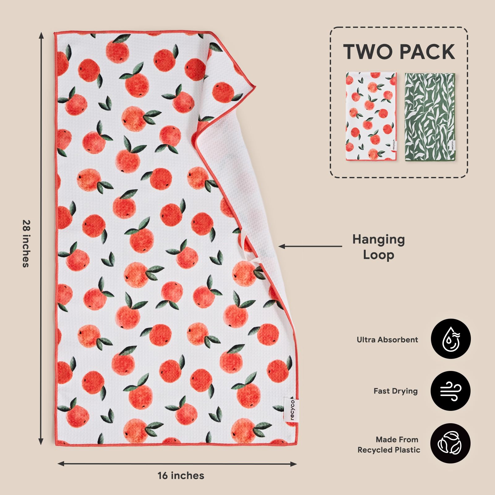 RECYCO waffle kitchen towel soft texture gentle on hands during drying.