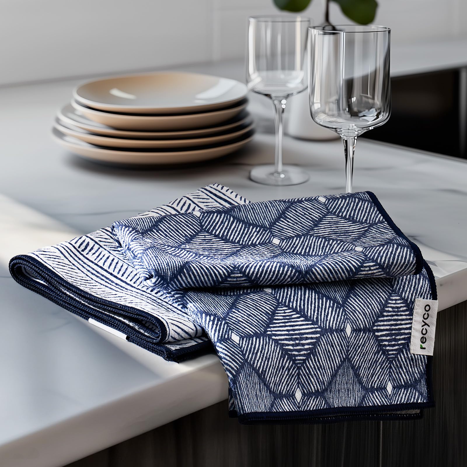 RECYCO waffle towel in Indigo Harmony pattern for stylish kitchen cleanup.