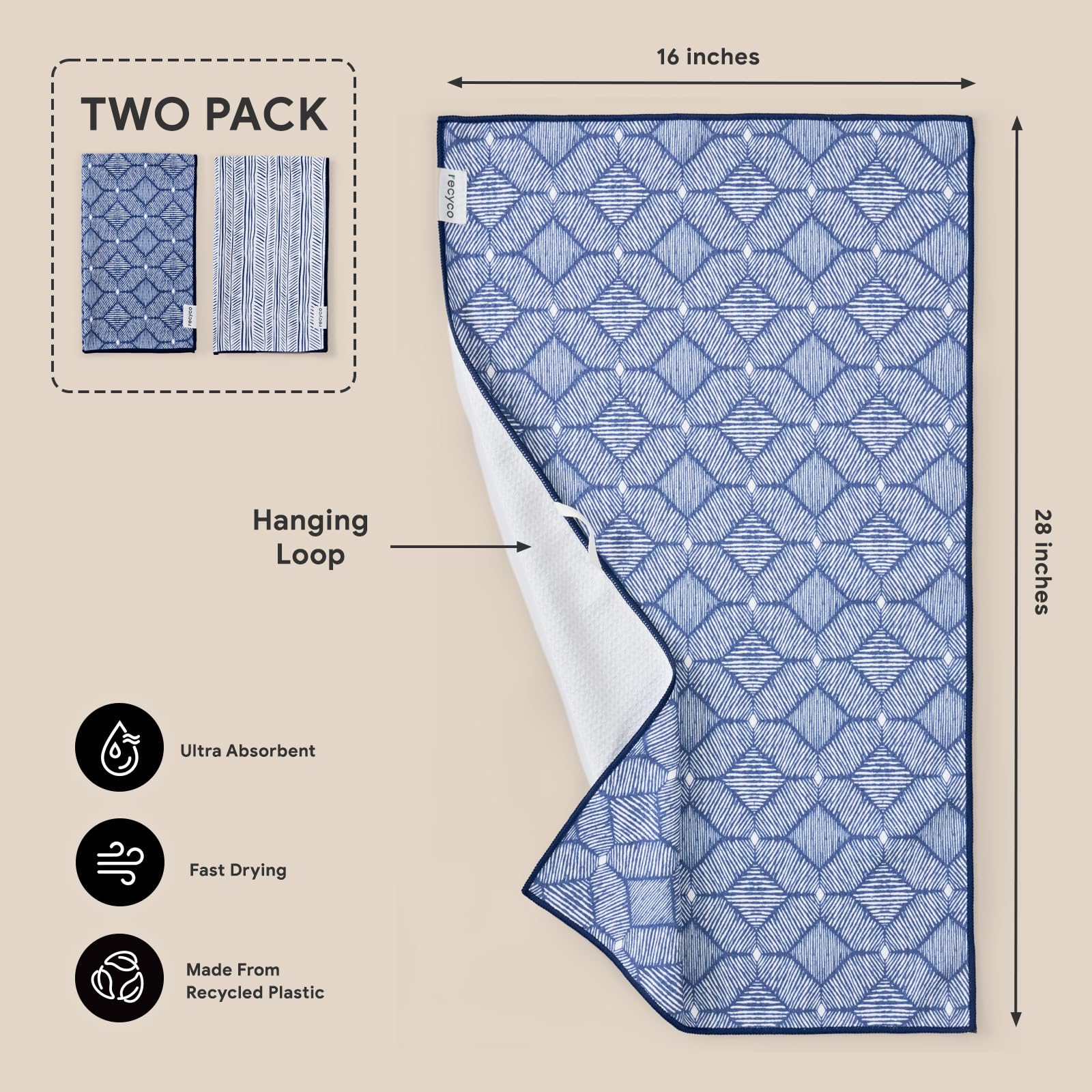 RECYCO waffle towel uses recycled plastic bottles for sustainability.