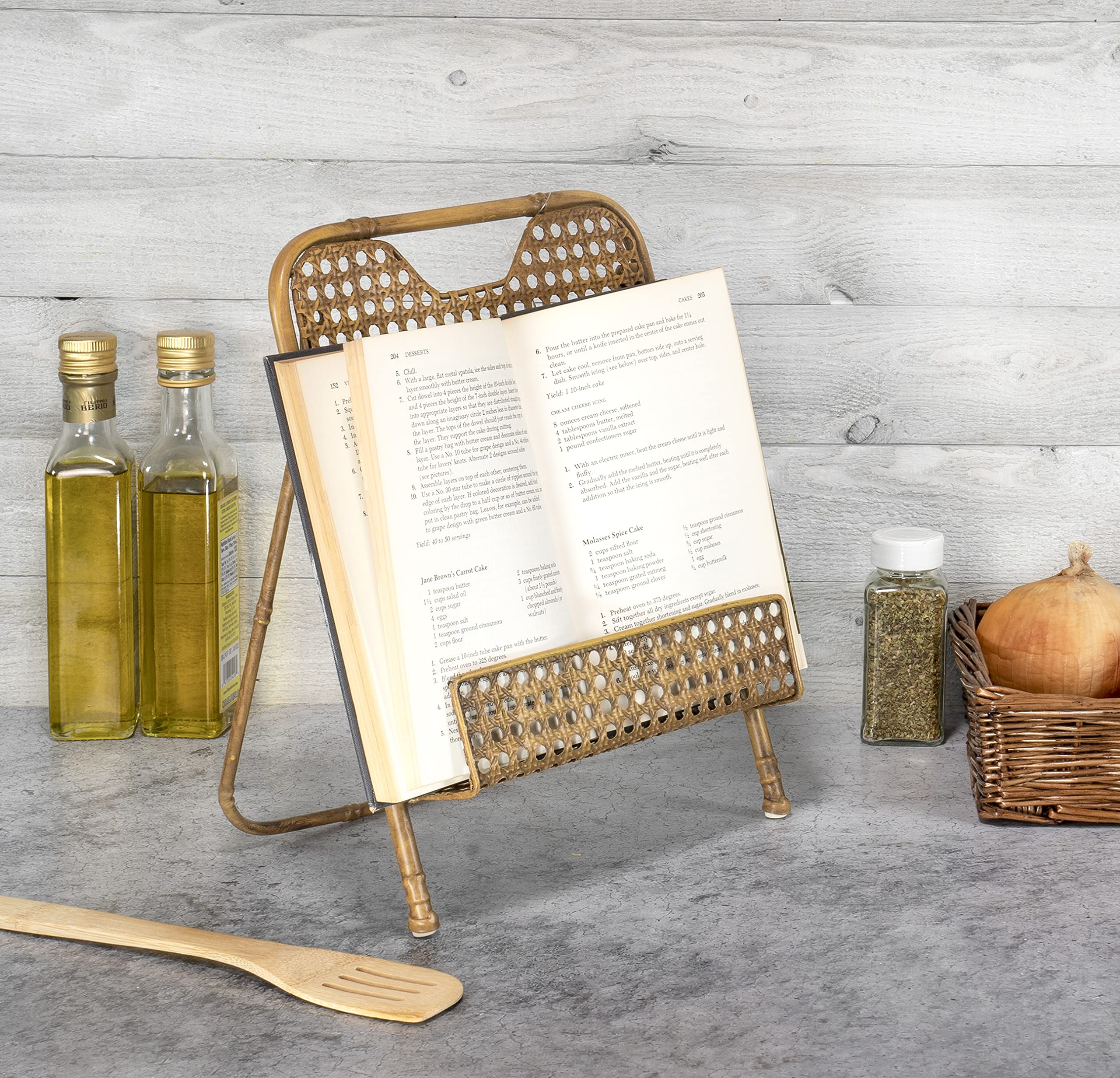 Red Co. cookbook stand in kitchen use for hands-free reading and protection.