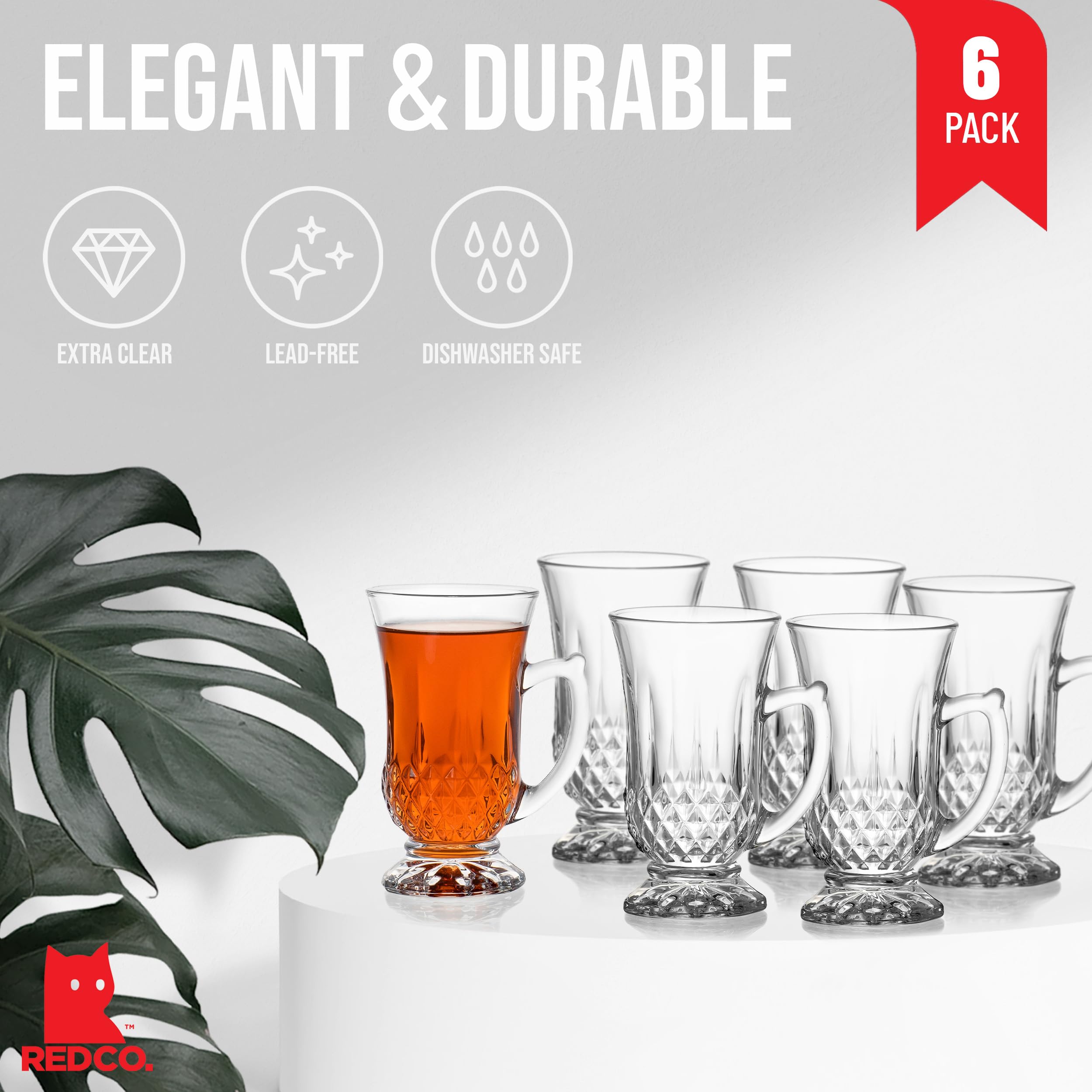 Red Co. crystal-cut detailing enhances visual appeal on table