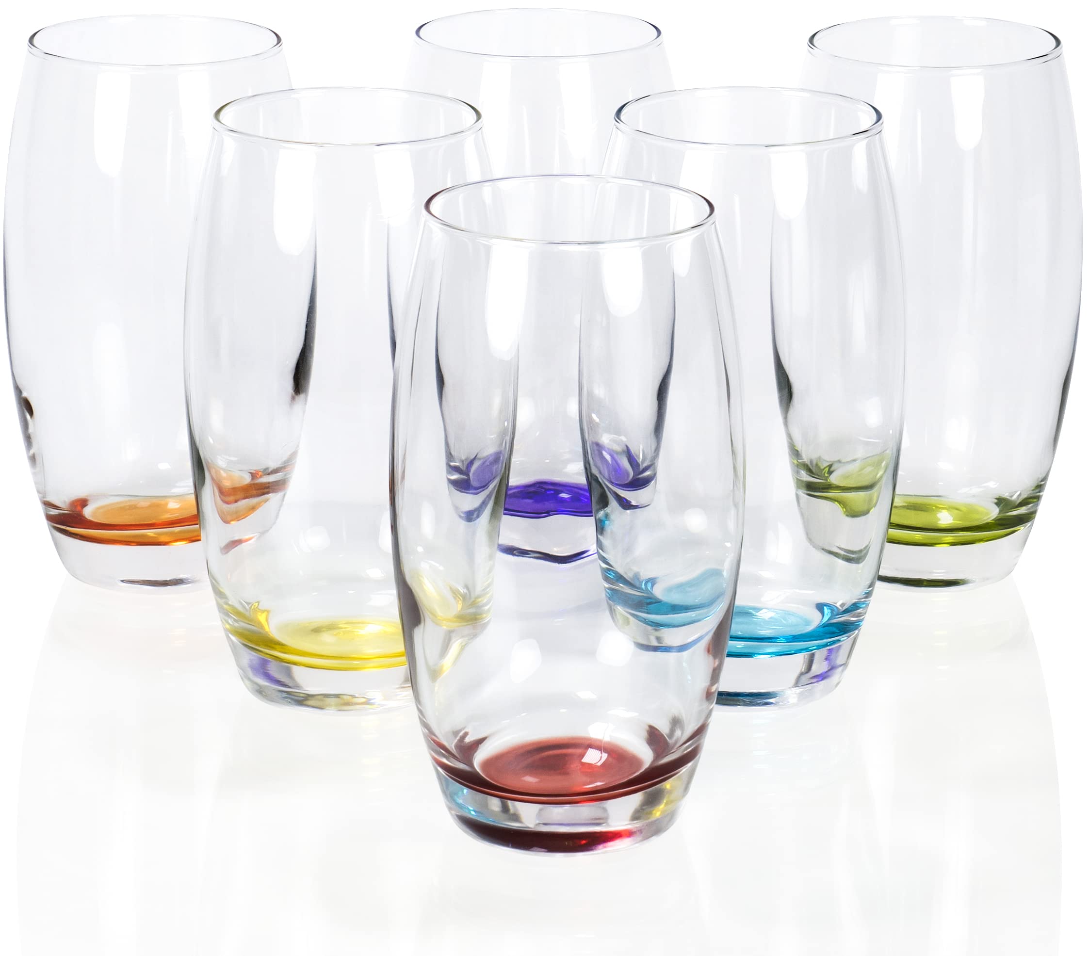 Red Co. Large 16 oz glass set with multicolored bottoms for easy guest identification.
