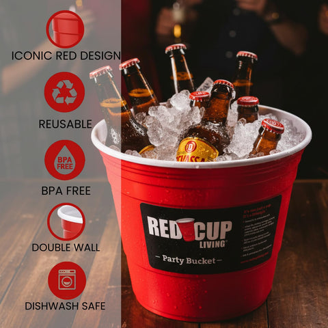 Red Cup Living easy-clean ice bucket resists stains and rust between uses.
