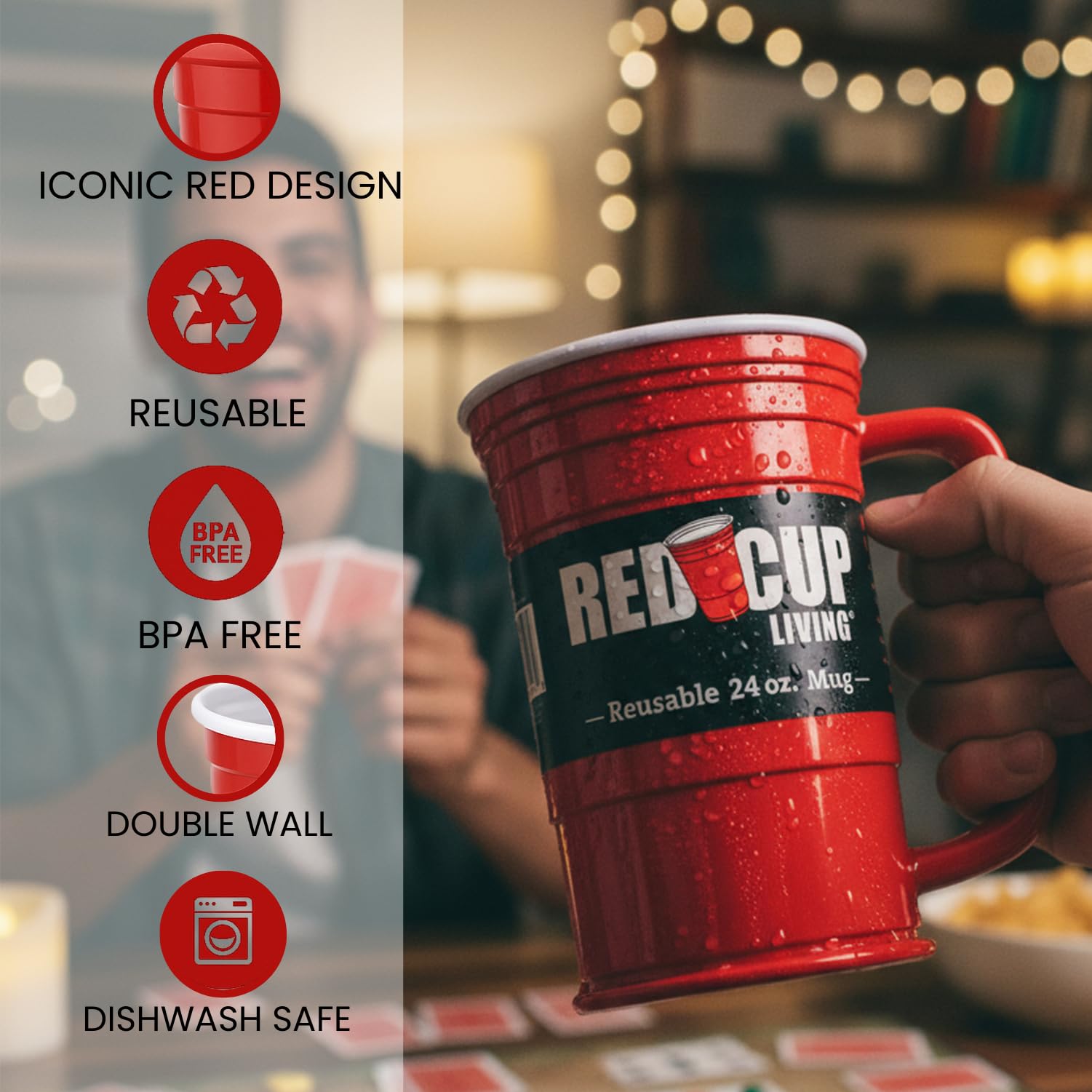 Red Cup Living mug with ergonomic big handle for a comfortable grip.