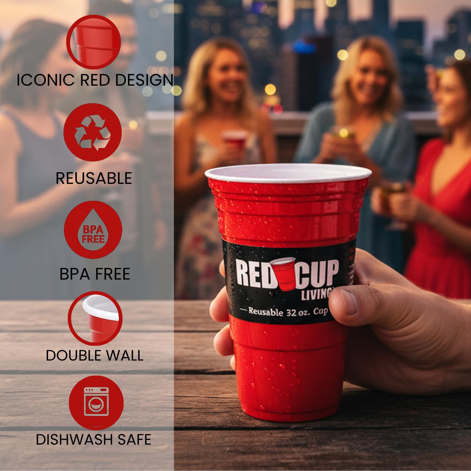 Red Cup Living unbreakable ABS construction resists drops at outdoor events.