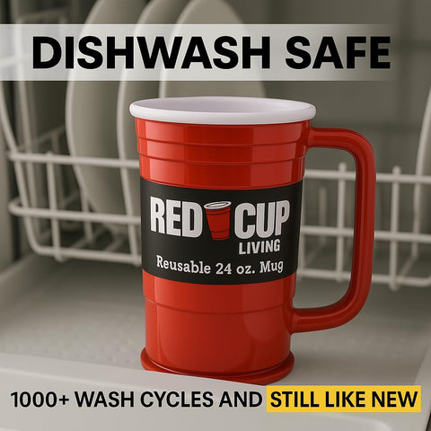 Red Cup Living versatile drinking mug for coffee, beer, or juice.