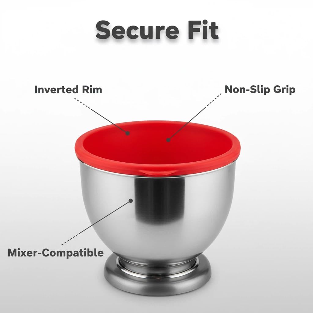 Red silicone mixer bowl liner is non-stick and microwave-friendly.