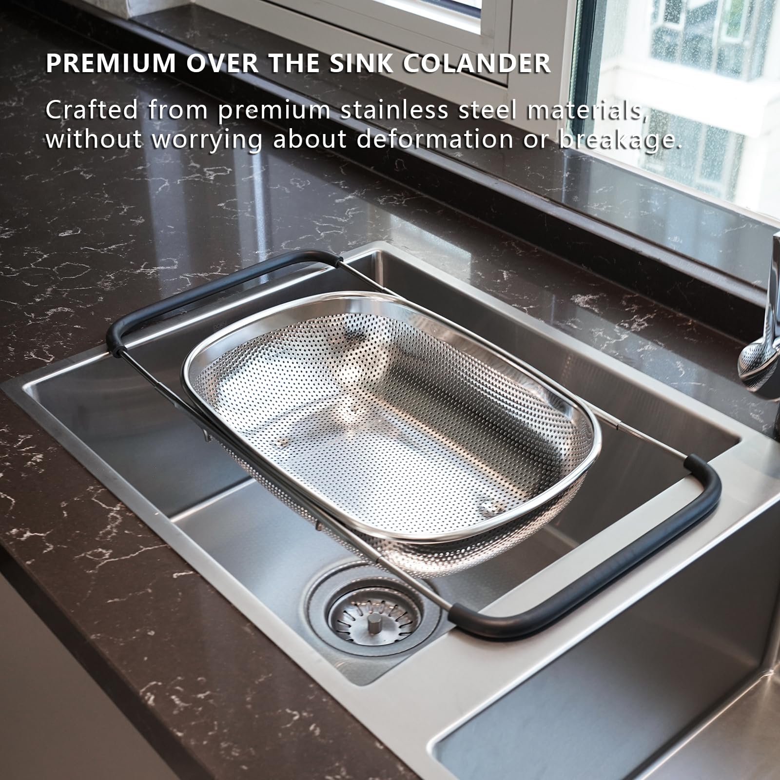 REDANT over-the-sink colander doubles as a prep station for fruits and vegetables.