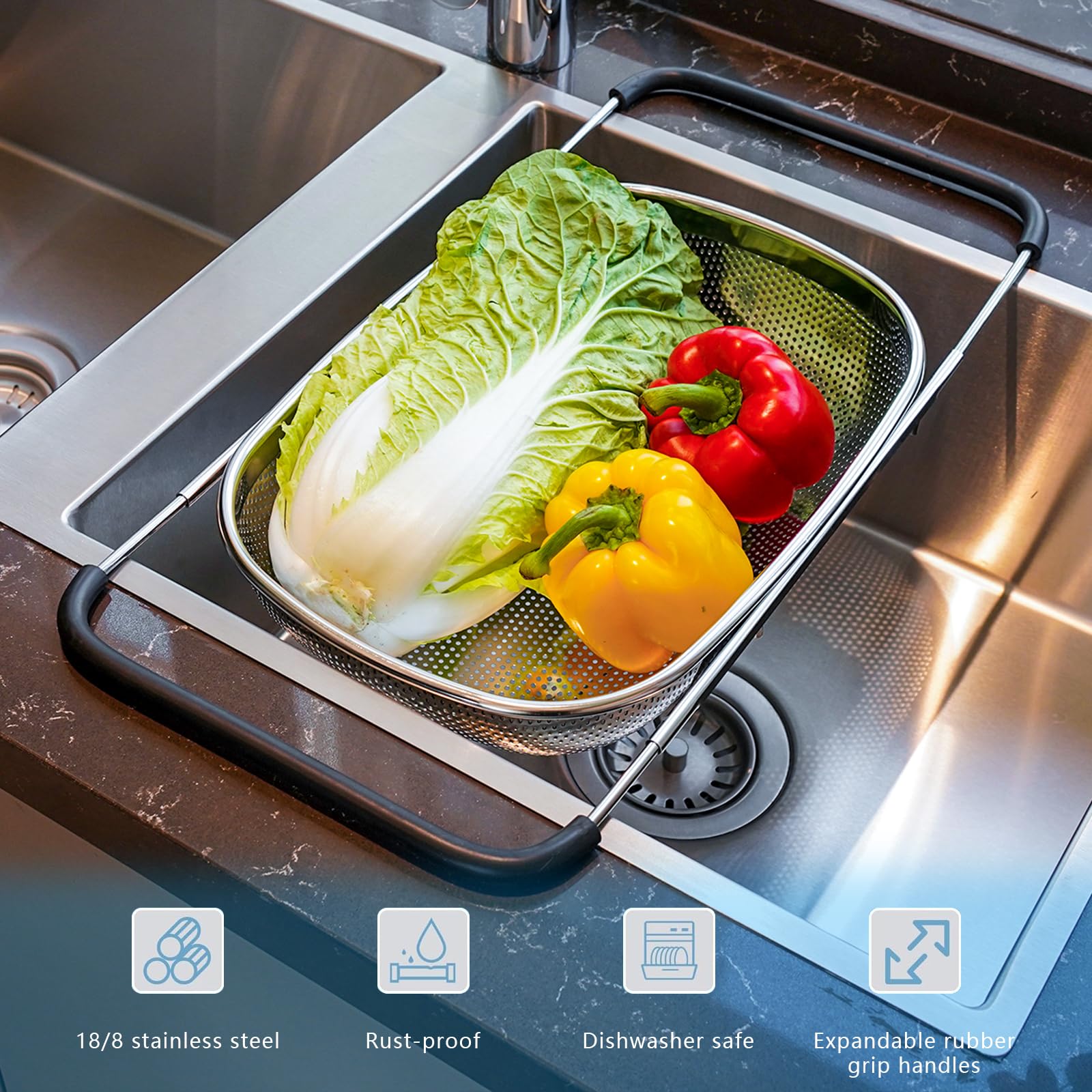 REDANT pasta strainer rinses spaghetti and vegetables efficiently.