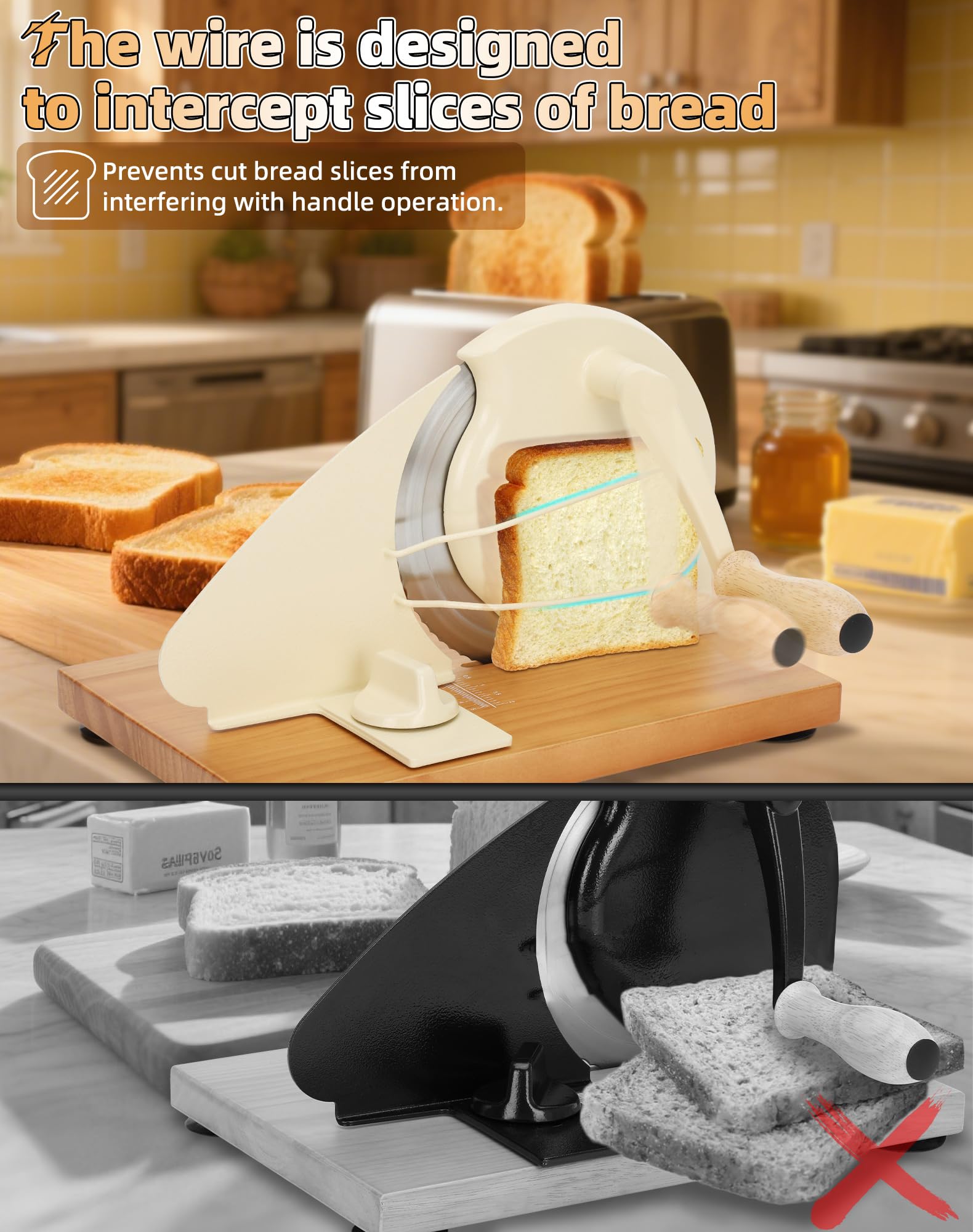 Redants bread slicer crank handle enables smooth, even cuts during operation.