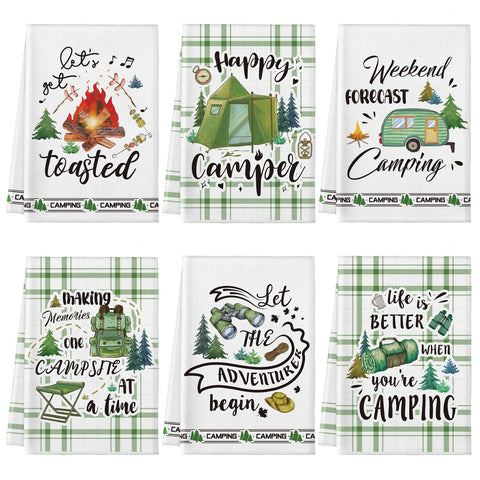 Redbaker camping towels with tent pattern for quick kitchen cleanup during outdoor trips.