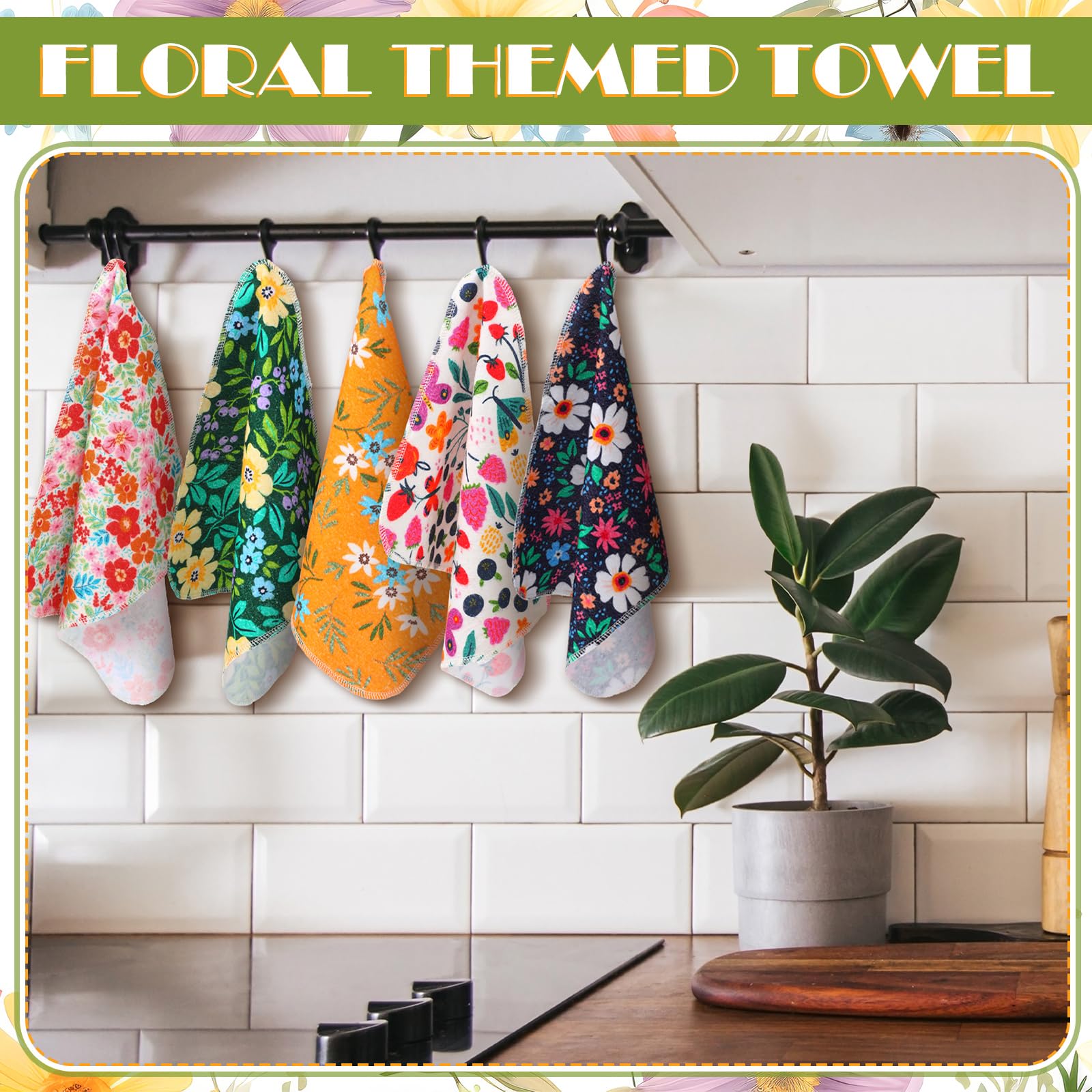 Redbaker floral kitchen towels designs brighten the drawer and dining area.