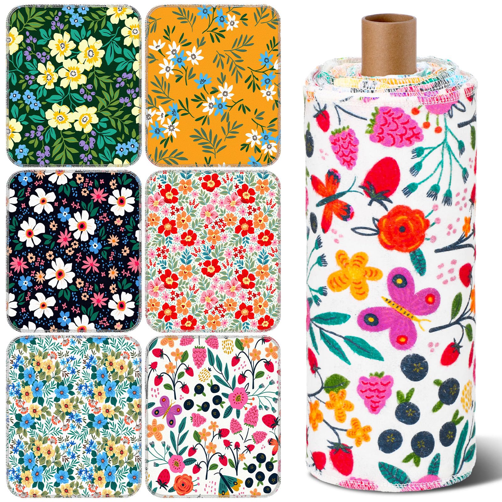 Redbaker floral kitchen towels roll display on a countertop, reusable and organized.