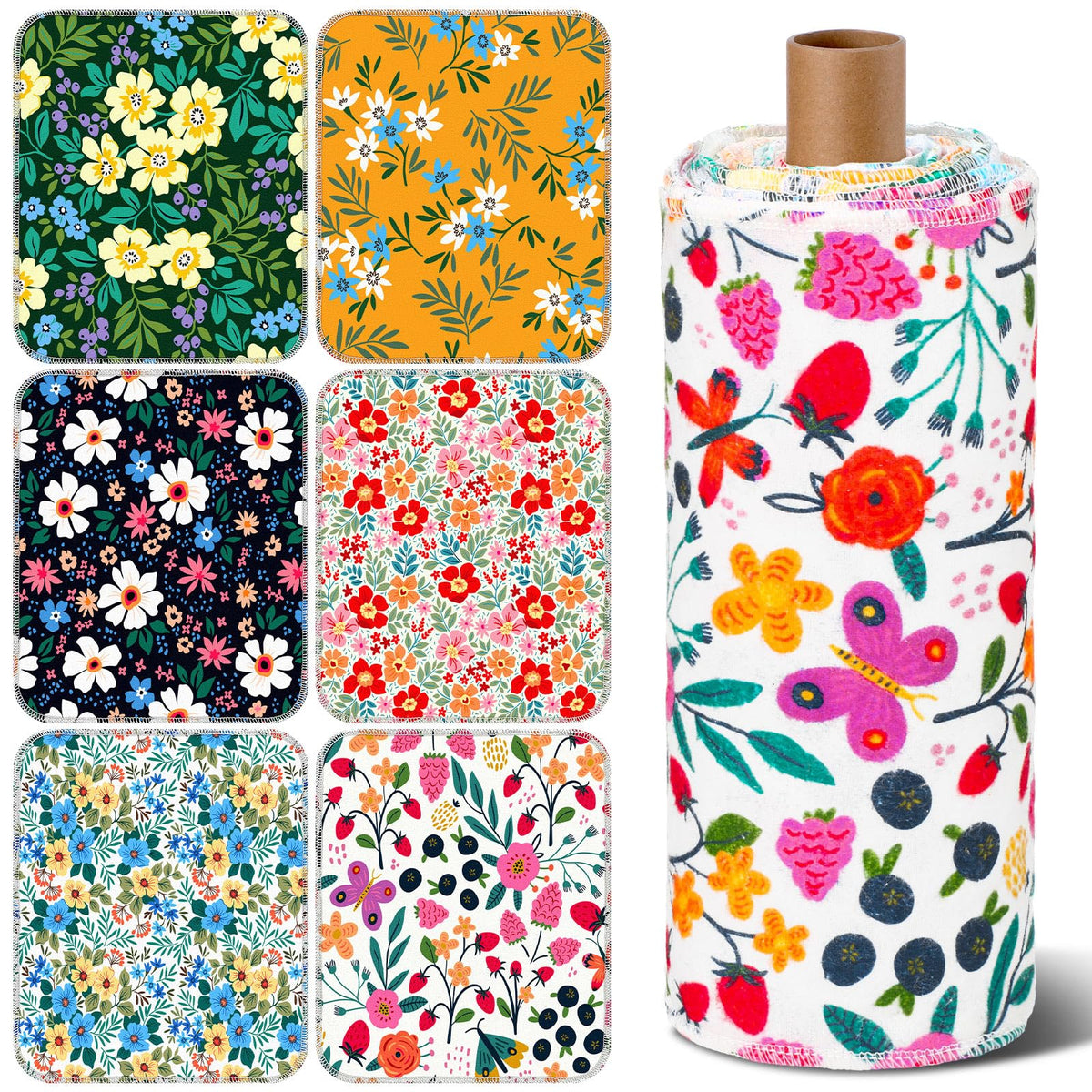 Redbaker floral kitchen towels roll display on a countertop, reusable and organized.