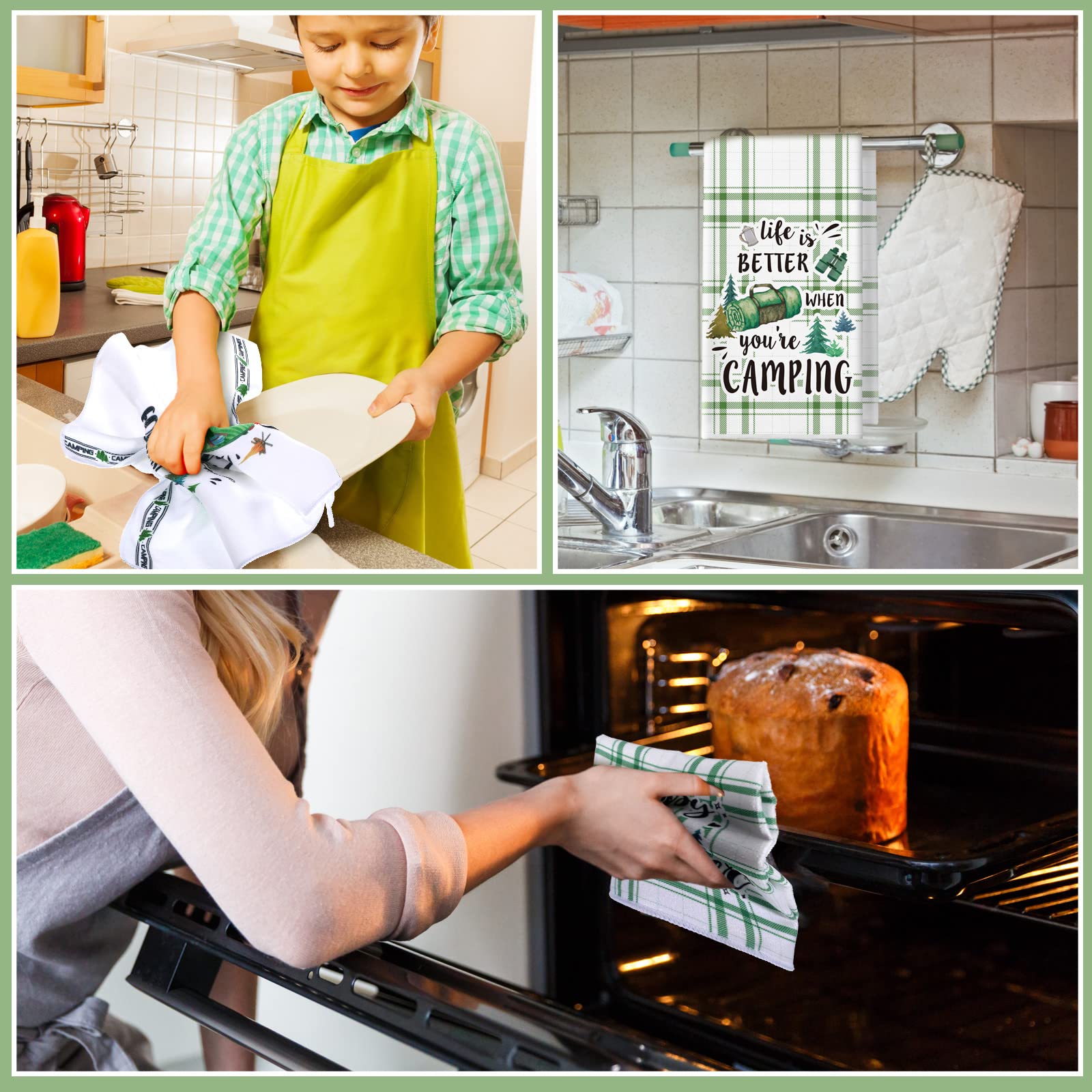 Redbaker green camping-design towels brighten kitchens and camp setups.