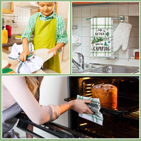 Redbaker green camping-design towels brighten kitchens and camp setups.