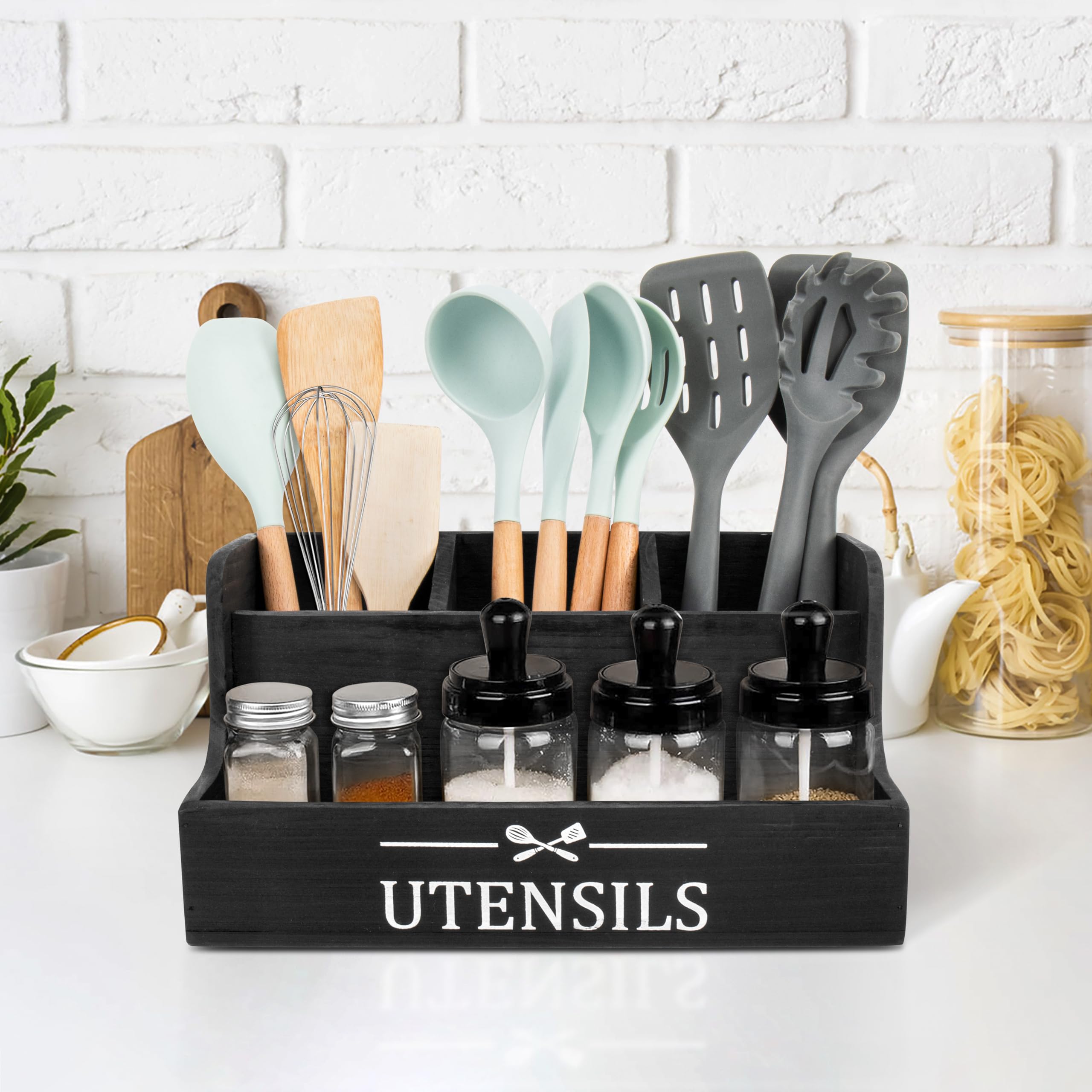 RedCall wood utensil organizer on the counter highlights farmhouse style and sturdy construction