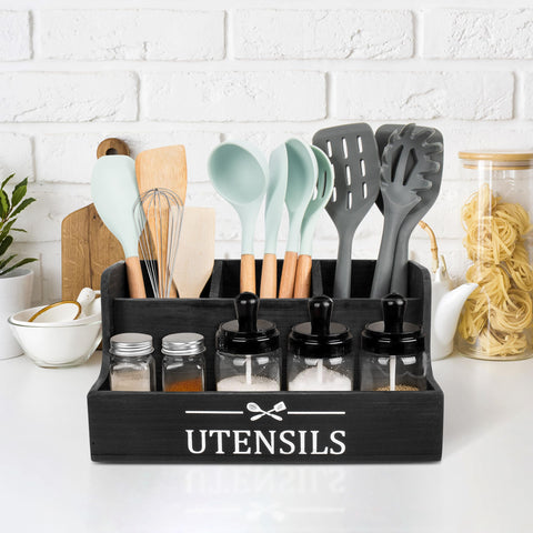 RedCall wood utensil organizer on the counter highlights farmhouse style and sturdy construction