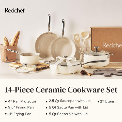 Redchef ceramic nonstick set displayed on kitchen counter for safe use