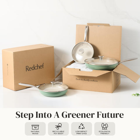 Redchef dishwasher-safe fry pan set for quick cleanup after meals.