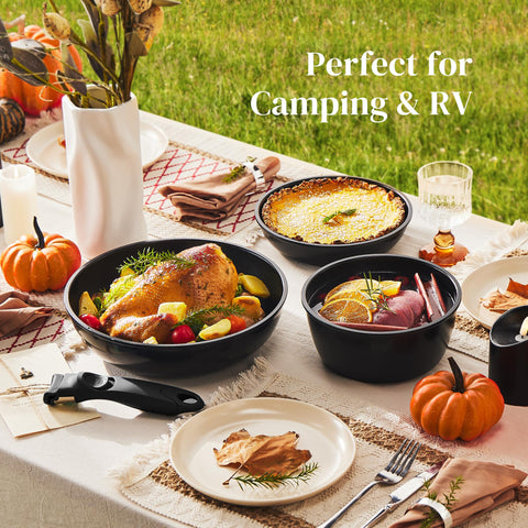Includes lids, utensils, and RV handle for camping versatility