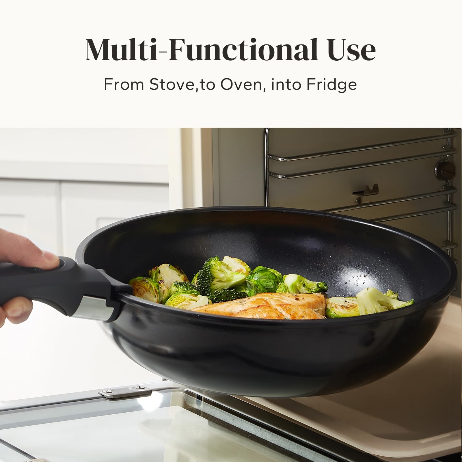 Redchef removable handle on a kitchen set demonstrates space-saving design.