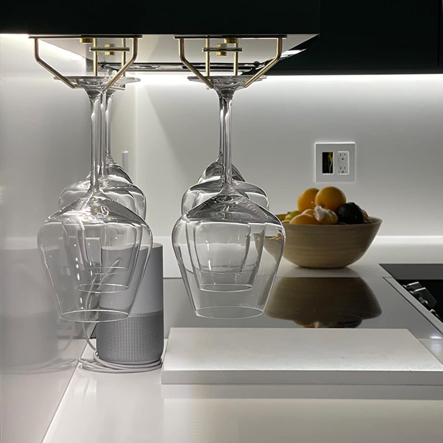 RedDreamer 14in rack installed under cabinet saves space for entertaining glassware.