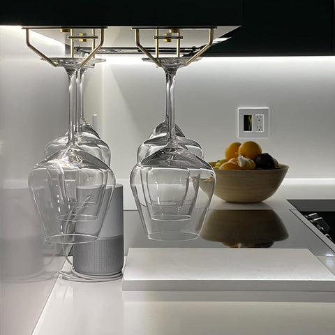 RedDreamer 14in rack installed under cabinet saves space for entertaining glassware.