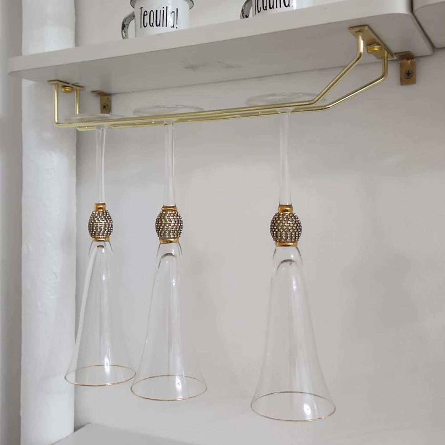 RedDreamer under-cabinet stemware rack shows hardware for easy installation and organization.